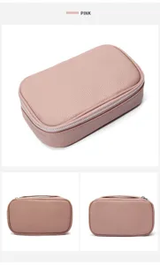 Pink leather cosmetic bag detail showing pebble texture, zipper closure and top handle.