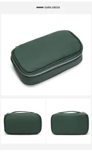 Dark green leather cosmetic bag portable travel toiletry pouch large capacity makeup organizer