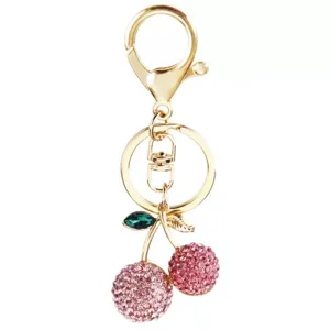 Llavero de cereza con diamantes de imitación para mujer, lindo dije de bolso de metal y regalo.