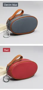 Detailed view of leather coin purse in denim blue and red with contrast color zip and key ring.