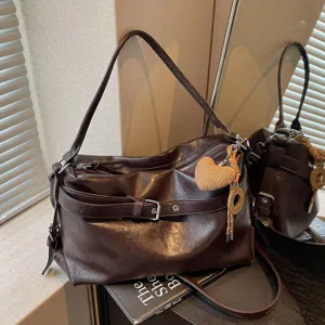 Women's Casual PU Leather Tote Bag Large Capacity Commuter Shoulder Bag Vintage Solid Color Handbag Chic Purse