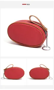 Genuine leather coin purse mini oval zipper key ring pouch red color daily storage bag
