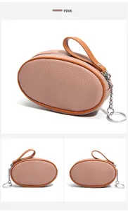 Mini leather coin purse with keychain zip closure pink oval wallet compact card holder