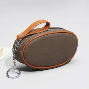 Genuine Leather Coin Purse Mini Wallet Contrast Color Top Layer Cowhide Small Pouch With Key Chain For Women Daily Use