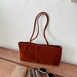 Brown velvet shoulder bag women casual large capacity tote bag minimalist underarm bag