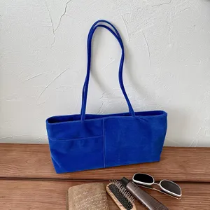Blue velvet shoulder bag casual daily commuting underarm bag with long strap and front pocket