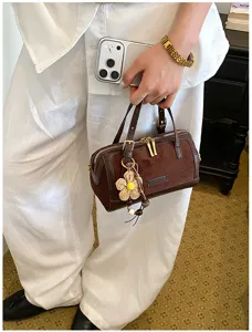 Vintage brown suede barrel handbag with floral charm casual commuter shoulder bag for women