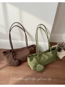Stylish nylon shoulder bag with small pouch, casual minimalist commute tote bag for women