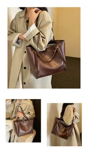 Details van de retro bruine leren shopper met grote capaciteit en stijl voor schoudertas.