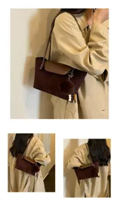 Vintage braune Wildleder Umhängetasche für Damen, retro lässige Tasche mit Fellbombe und Perlen.