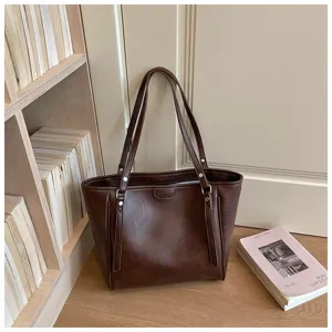 Retro bruine leren shopper tas voor dames, grote schoudertas voor dagelijks werk en stijl.