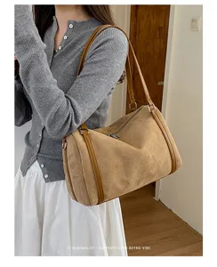 Retro suède schoudertas grote capaciteit kussen stijl bruin casual dames tasje