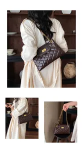 Stylish brown quilted chain shoulder bag for women, elegant underarm bag with chic turn-lock.