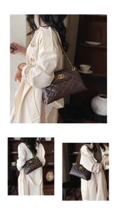 Dark brown quilted chain shoulder bag, elegant vintage underarm handbag with metal clasp.