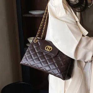 Women Fashion Quilted Chain Shoulder Bag Elegant PU Leather Crossbody Underarm Handbag