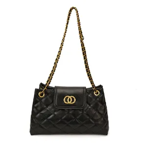 Black quilted leather shoulder bag with gold chain strap and elegant flap design for women.
