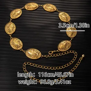 Vintage gold embossed fish coin metal waist chain adjustable dress decorative accessory