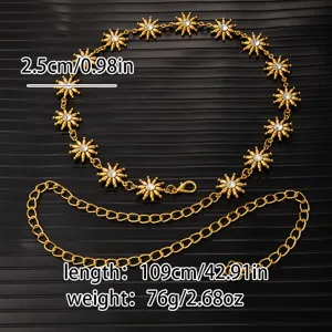 Retro gold metal flower waist chain with rhinestones, adjustable dress accessory 109cm