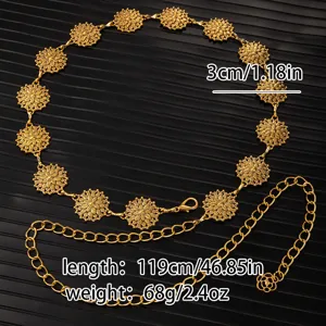 Vintage gold floral metal waist chain, adjustable decorative body chain for dress styling.