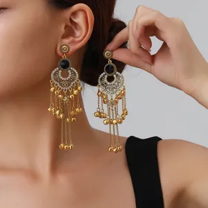 Vintage rhinestone hollow flower tassel earrings bohemian exaggerated long dangle jewelry