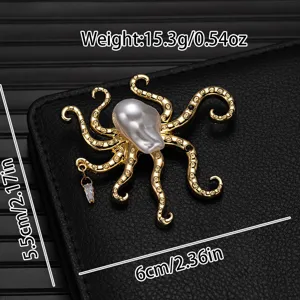 Exquisite gold octopus brooch with baroque pearl and cubic zirconia details, elegant suit pin.