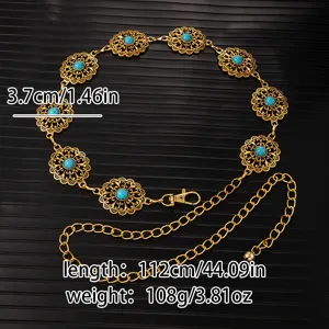 Retro gold embossed metal waist chain with turquoise stones, adjustable dress accessory.