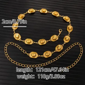 Vintage gold metal waist chain with unique relief hat charms, adjustable dress accessory.