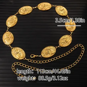 Retro vintage gold metal chain belt with embossed coin pendants, adjustable waist accessory for dresses.