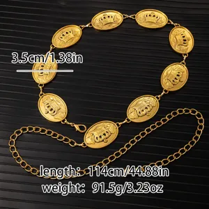Vintage gold tone metal waist chain with crown embossed coin charms adjustable dress belt