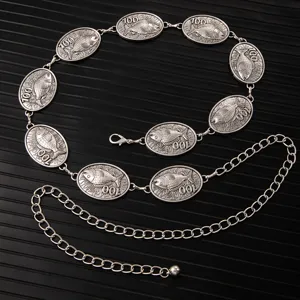 Vintage silver metal waist chain with fish embossed oval medallions and adjustable extension.