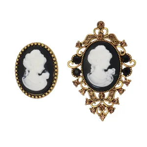 Vintage cameo brooch set elegant portrait lapel pin retro royal court jewelry accessories.