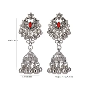 Ethnic long tassel Jhumka earrings for women, vintage silver bell dangle jewelry 6cm.