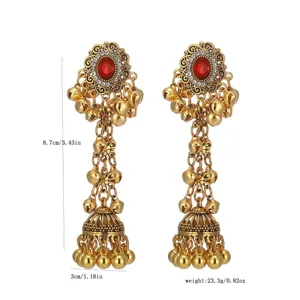 Vintage ethnic style gold-plated jhumka dangling earrings with red stone and bells 8.7cm
