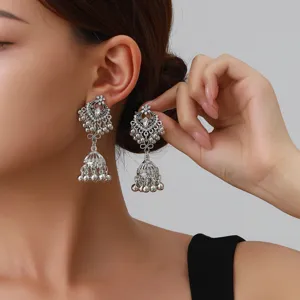 Ethnic long tassel silver earrings detail, vintage drop jhumka jewelry for women fashion.