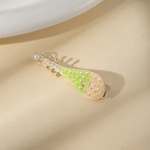 Charming pipa shaped side hair clip with green and orange enamel, cute aesthetic accessory.