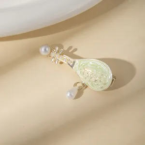 Cute Pipa shape hair clip with pearls and green enamel floral decor for sweet girls.