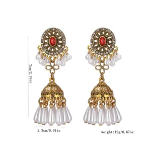 Vintage long pearl drop earrings ethnic style gold Jhumka earrings for women jewelry detail