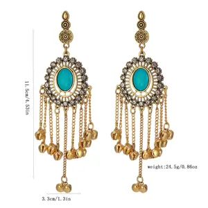 Vintage Indian boho long tassel bell earrings with blue stone and rhinestones for women.