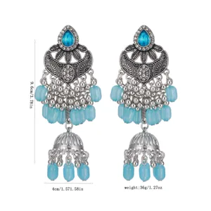Boucles d'oreilles longues style ethnique vintage avec perles bleues et métal argenté femme.