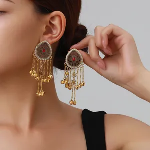 Long tassel teardrop earrings for women, gold alloy vintage style boho dangle earrings chic.