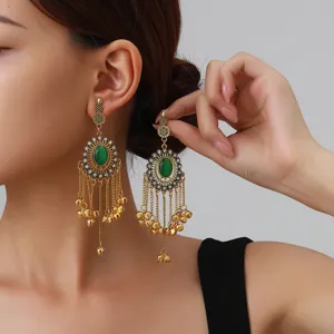 Indian style long tassel bell earrings bohemian round rhinestone drop earrings gold ethnic jewelry