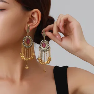 Ethnic Indian style long tassel bell earrings bohemian round rhinestone inlaid jewelry for women