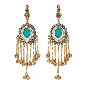 Ethnic Indian style long tassel bell earrings bohemian round rhinestone dangling jewelry for women