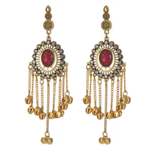 Indian style long tassel bell earrings bohemian ethnic round rhinestone inlaid earrings detail view