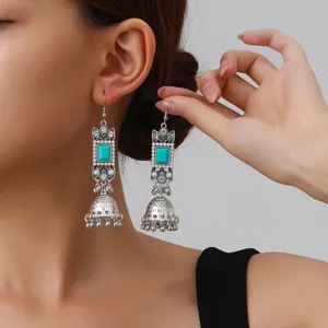 Vintage silver turquoise jhumka earrings bohemian long tassel ethnic drop earrings style