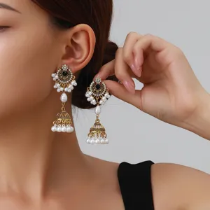 Vintage ethnic pearl jhumka earrings with hollow design and crystal rhinestones for women.