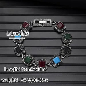 Vintage colorful gem bracelet alloy carved square stones fashion jewelry accessory