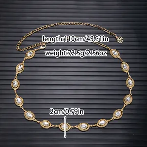Gold metal waist chain for women rhinestone oval link decorative belt dress accessory 110cm