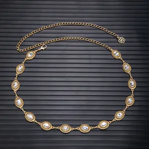 Women fashion gold waist chain belt with oval rhinestones elegant dress decorative accessory
