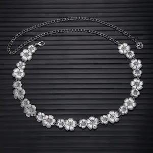 Silver metal flower waist chain elegant dress belt adjustable women fashion accessories